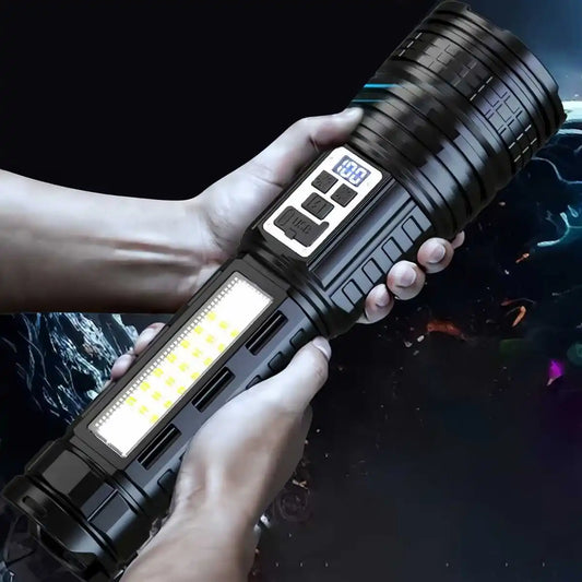 Bright Flashlight-Long Range Torch, Outdoor Portable LED Flashlight with Side Light LCD Display for Camping, Hiking, Adventures