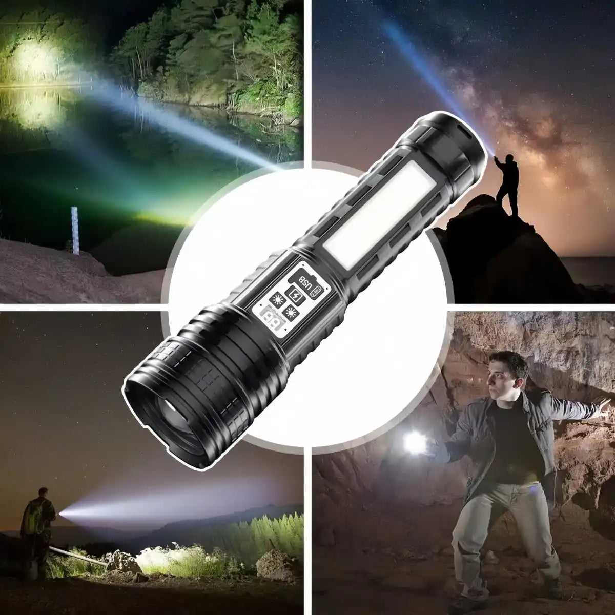Bright Flashlight-Long Range Torch, Outdoor Portable LED Flashlight with Side Light LCD Display for Camping, Hiking, Adventures