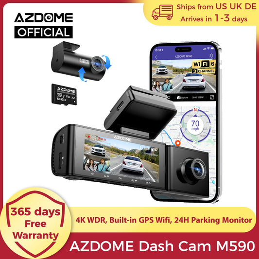 AZDOME Dash Cam M590 4K WDR Built-in GPS Wifi Car DVR 3-channel Record Loop Recording 24H Parking Monitor Support Rear Cam