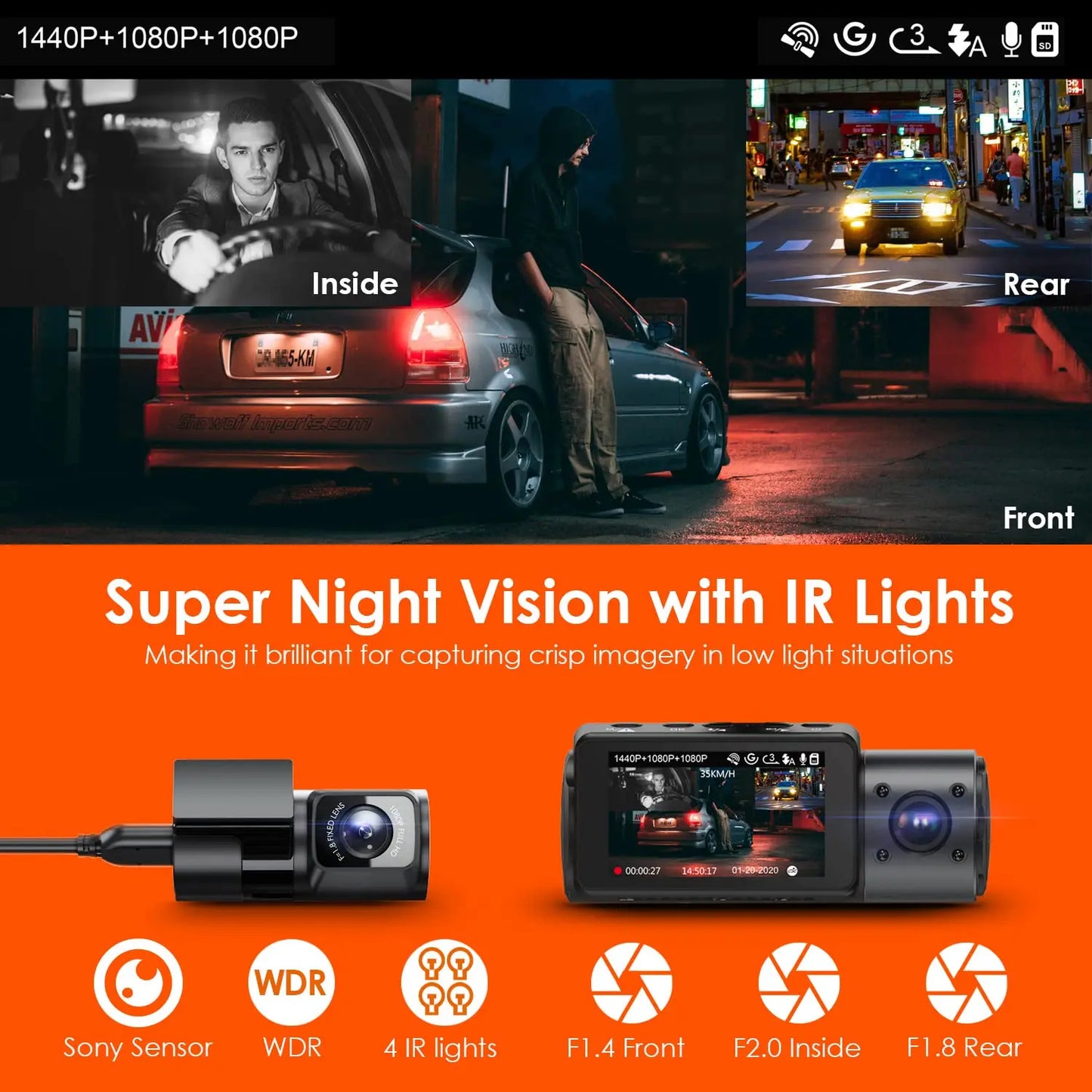 Vantrue N4 3 Channel 4K Dashcam 4K+1080P Front and Rear Dash Camera IR Night Vision 24 Hours Parking Mode Support 256GB Max
