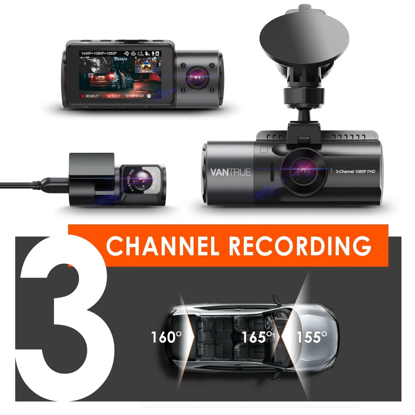 Vantrue N4 3 Channel 4K Dashcam 4K+1080P Front and Rear Dash Camera IR Night Vision 24 Hours Parking Mode Support 256GB Max